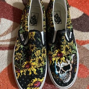 Vans Black Slip-On with Sunflower and Skull Design